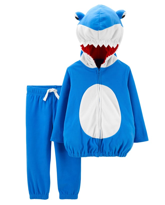 Image of a toddler shark costume with blue pants and a hooded sweatshirt.
