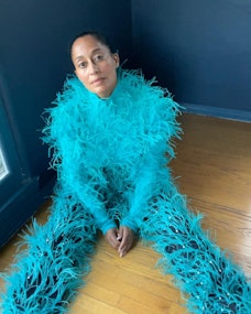 Tracee Ellis Ross Casually Wears a Full Feather Suit Around the House