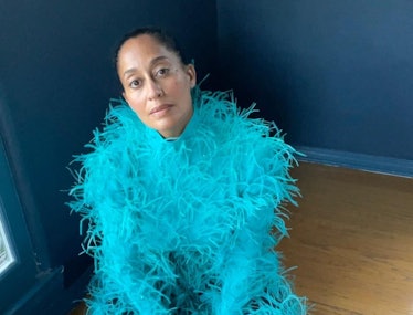 Tracee Ellis Ross in blue feather suit. 
