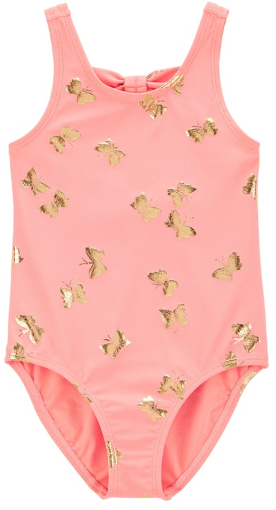 Image of a pink toddler one-piece bathing suit with gold butterflies.