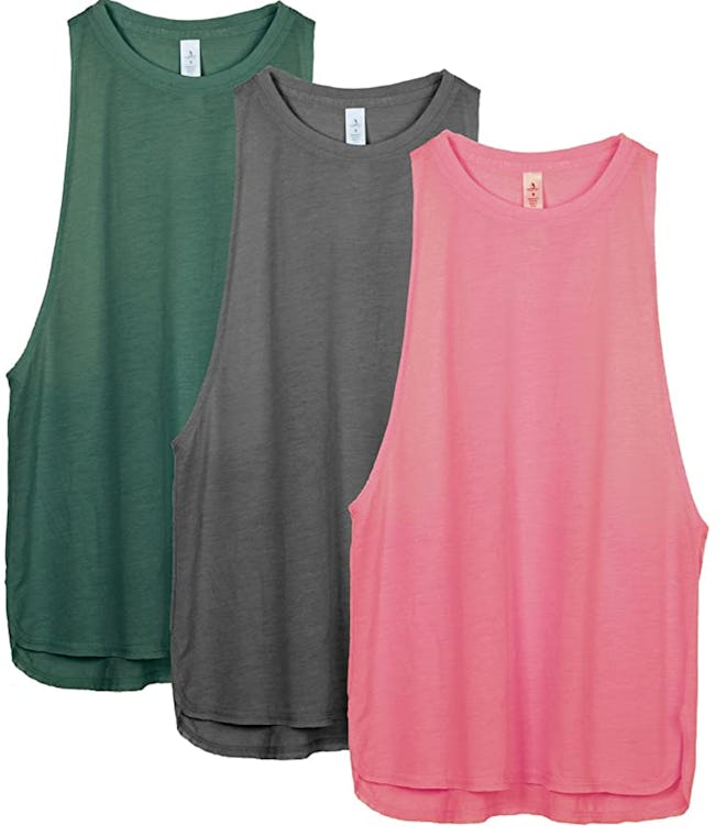 Three women's muscle tank tops; Green, Grey, and Pink