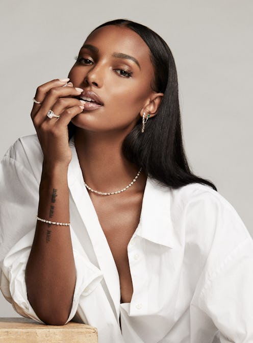 Jasmine Tookes stars in jeweler Logan Hollowell's latest campaign for bridal jewelry, 2021.