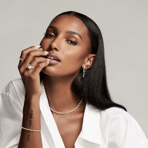 Jasmine Tookes stars in jeweler Logan Hollowell's latest campaign for bridal jewelry, 2021.