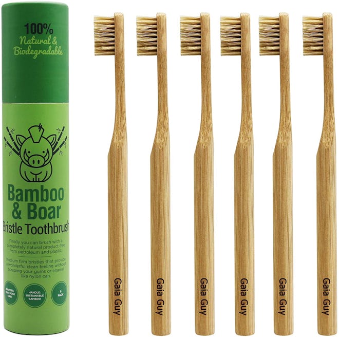 Gaia Guy Natural Bristle Bamboo Toothbrushes (6-Pack)