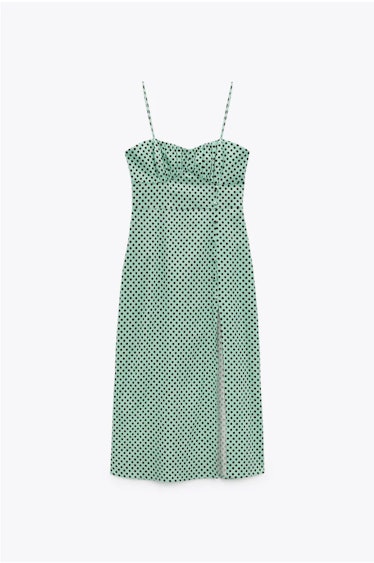 Zara's green and white linen blend polka dot dress.