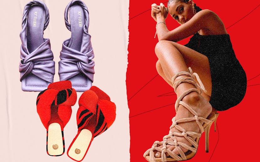Lilac 10th Floor heeled sandals, bright red mules with black details, and a model wearing beige ankl...