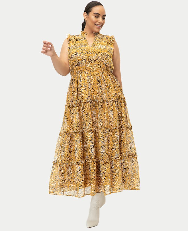 Women's Plus Size Sleeveless Mixed Dot Print Ruffle Trim Dress