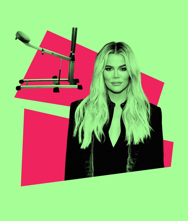 A collage with Khloe Kardashian and a gym weight machine.