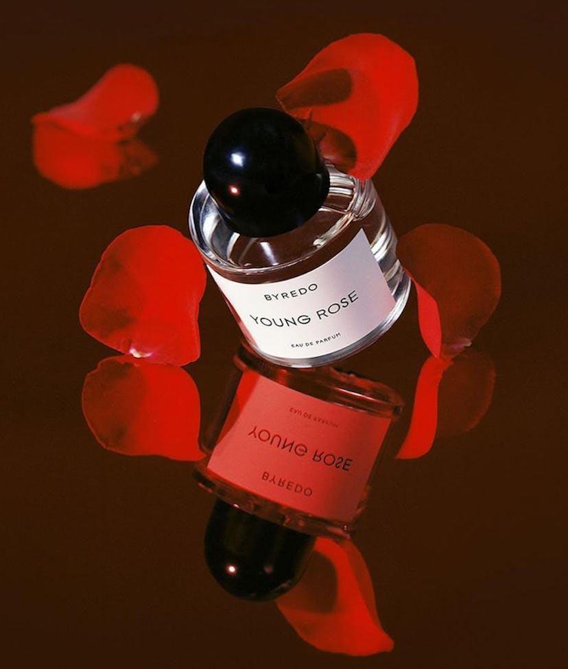 Byredo Young Rose covered in rose petals, shot by Leslie Zhang