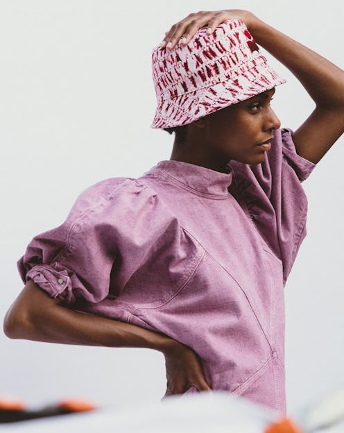 Model wearing Isabel Marant bucket hat.