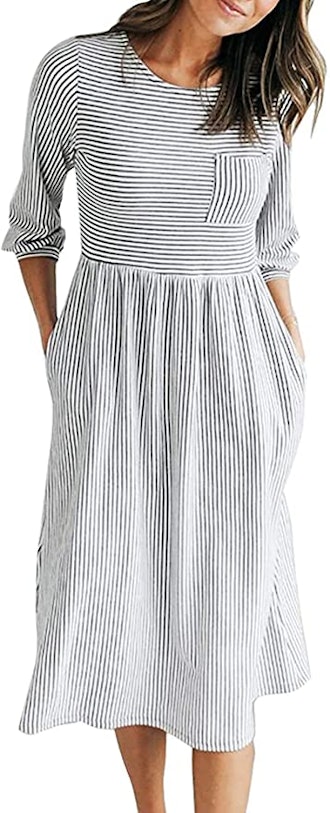 MEROKEETY  Striped Midi Dress with Pockets