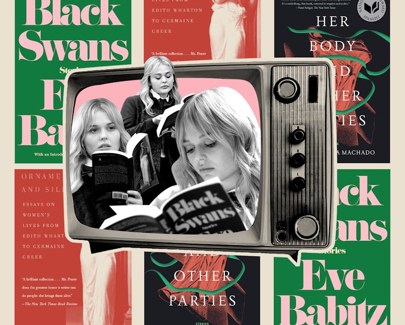 A collage photo of Gossip Girl's reboot Audrey Hope reading a book.