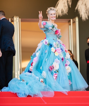 Sharon Stone wearing blue tulle gown with flowers on it