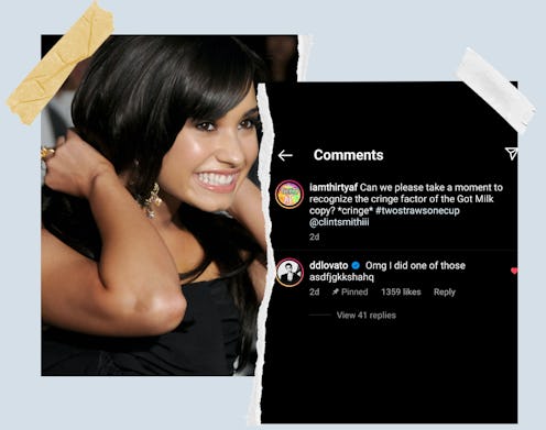 Demi Lovato in 2009 on the left; her Instagram comment in 2021 on the right.