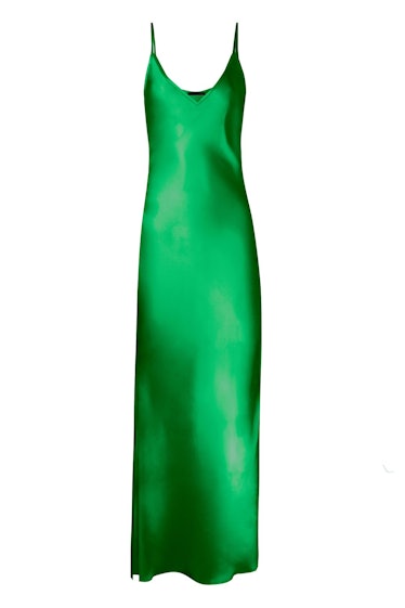 KES Full Length Slip Dress with Slit in Green Rose.