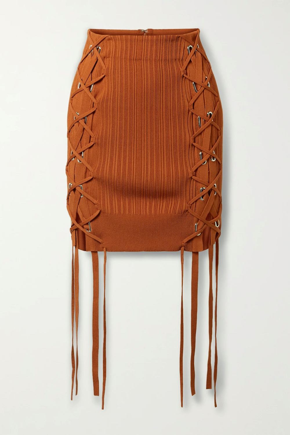 Lace-up ribbed-knit mini skirt