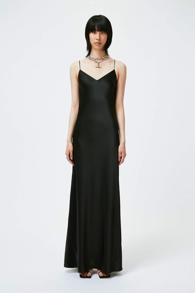Black satin V-neck slip dress from Galvan London.