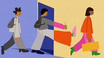 An illustration of kids in grey-colored clothing that changes colors once they walk through a door, ...