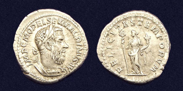 ‘Felicitas’ appears on the back of a Roman coin.