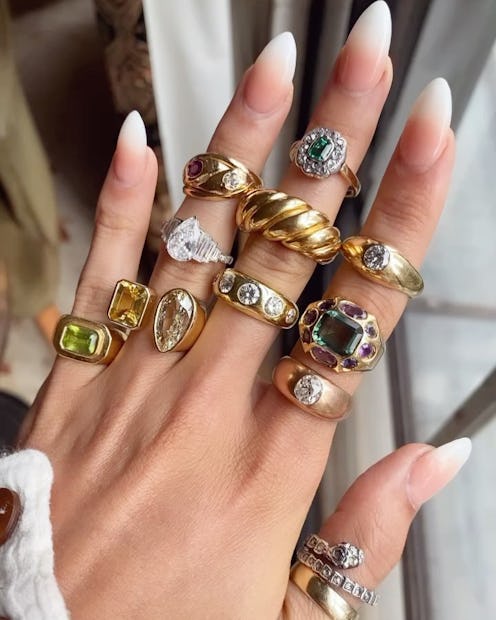 Ring stacks worn by The Moonstoned LLC founder Elizabeth Potts on Instagram, 2021.