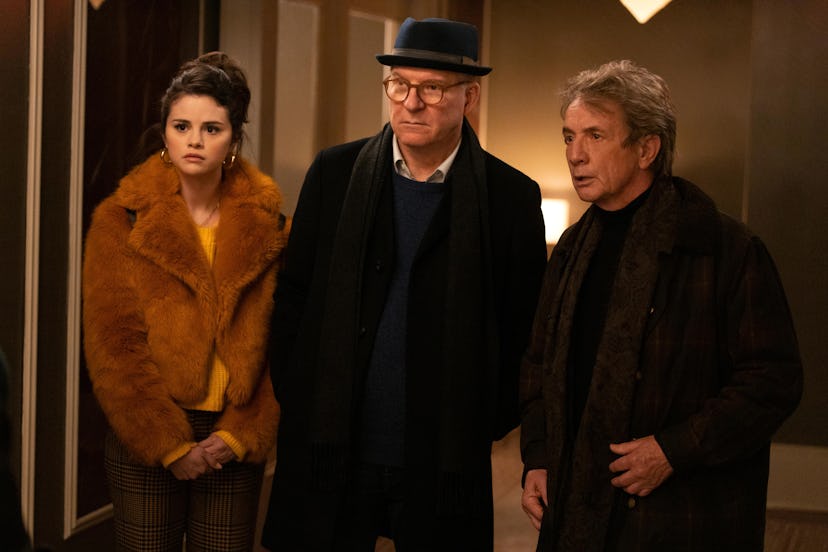 Mabel (Selena Gomez), Oliver (Martin Short) and Charles (Steve Martin) looking aghast in 'Only Murde...