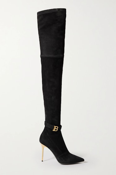 Balmain's black suede over-the-knee boots.