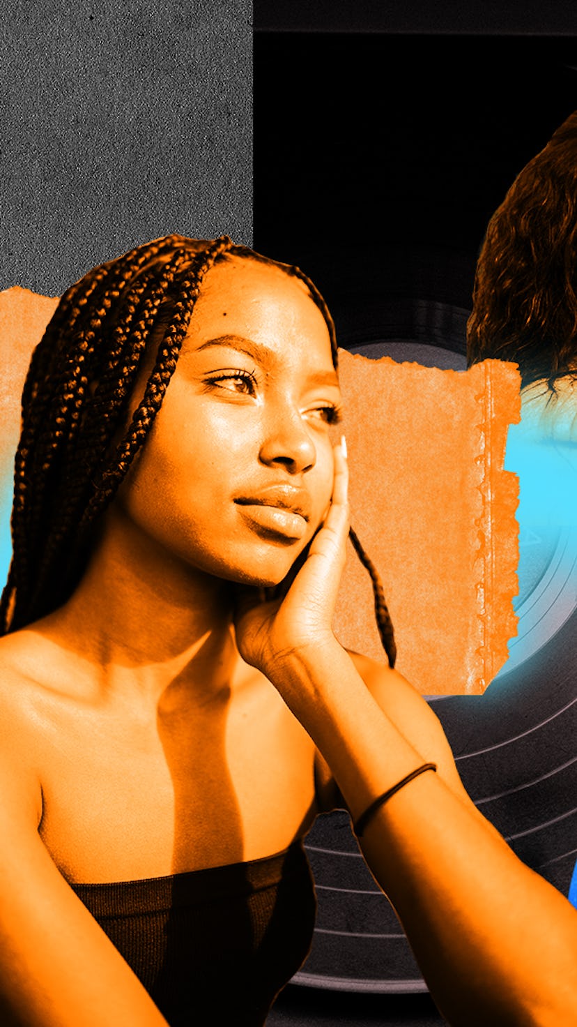 A collage of three women, two looking into the distance and one listening to music on her headphones