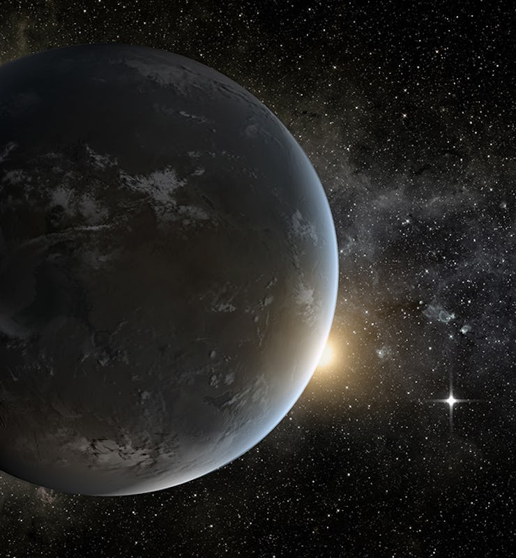 An illustration of a rocky, almost Earth-sized planet with its sun in the background
