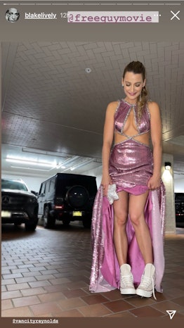 Blake Lively wears sneakers with her pink Prabal Gurung gown at the 'Free Guy' premiere.