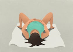 illustration of woman in labor lying on blanket on the floor