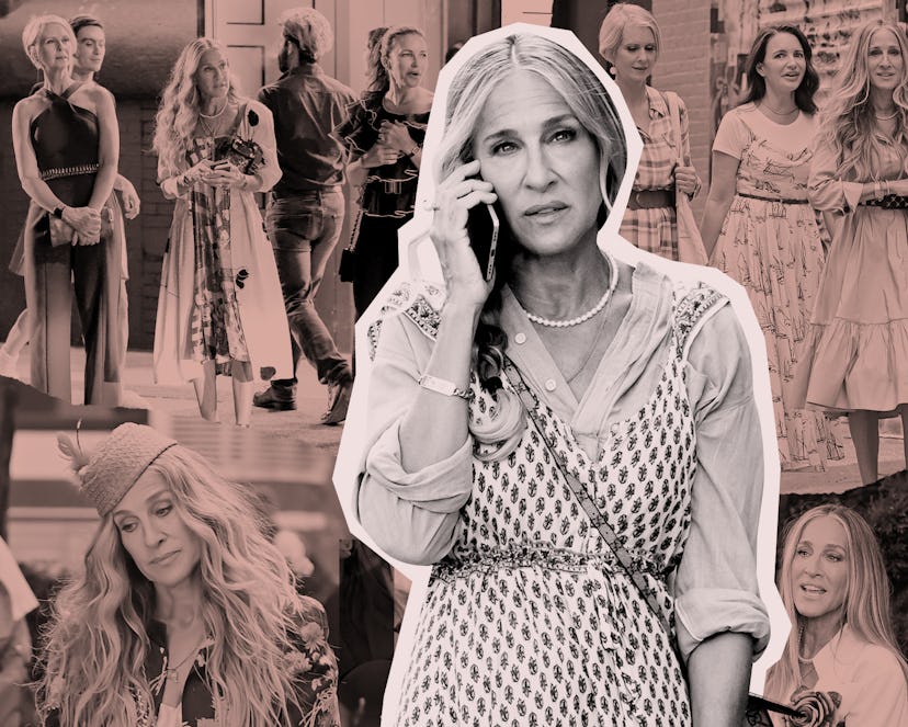 A collage of Sarah Jessica Parker as Carrie Bradshaw and other shots from the show