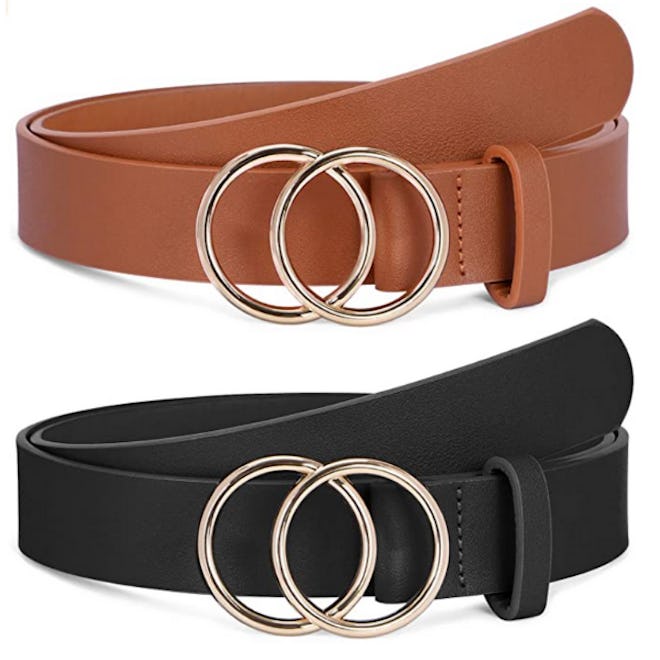 SANSTHS Faux Leather Belt with Double O-Ring Buckle (2-Pack)