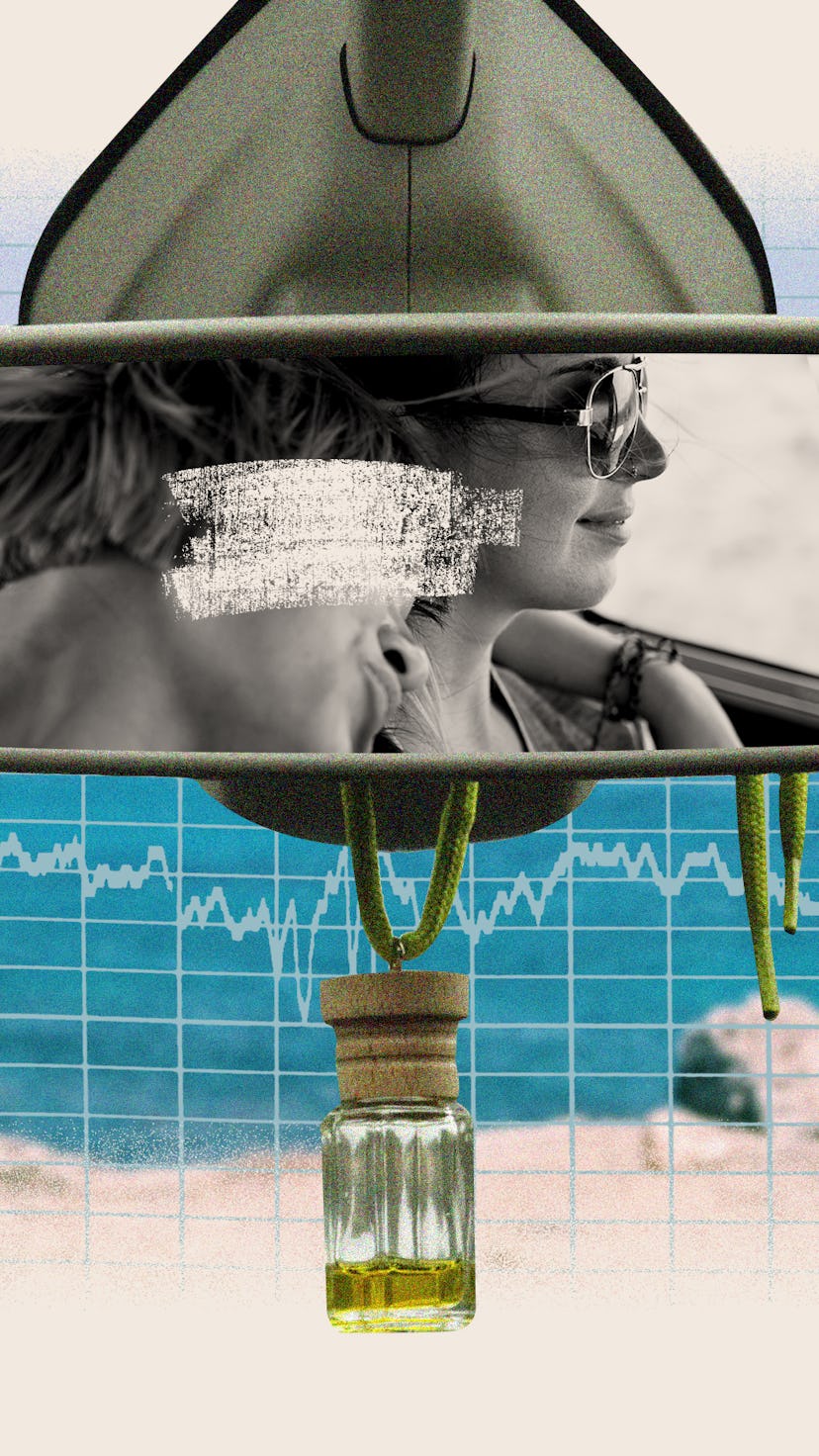 View on two sisters in the rearview mirror
