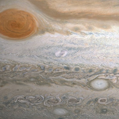 Jupiter's marbled appearance with its Red Spot in view
