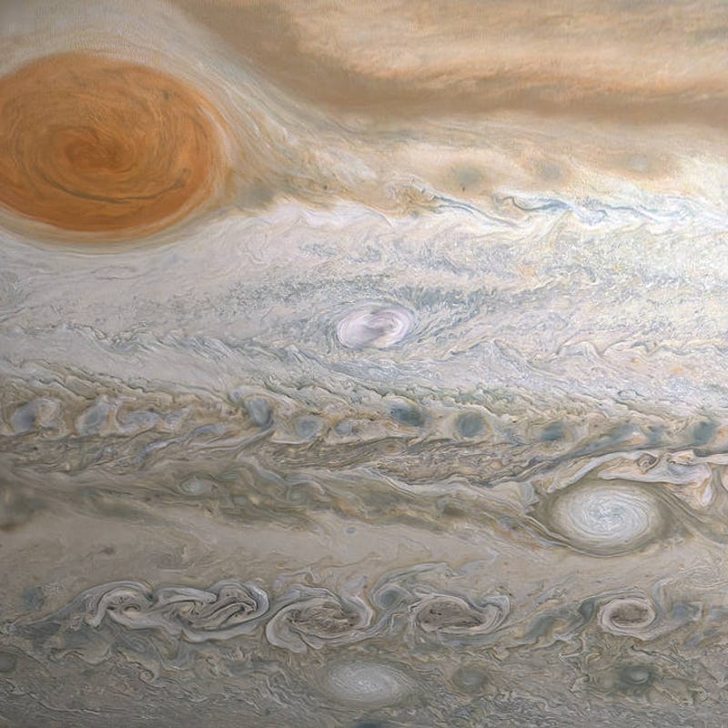 Jupiter's marbled appearance with its Red Spot in view