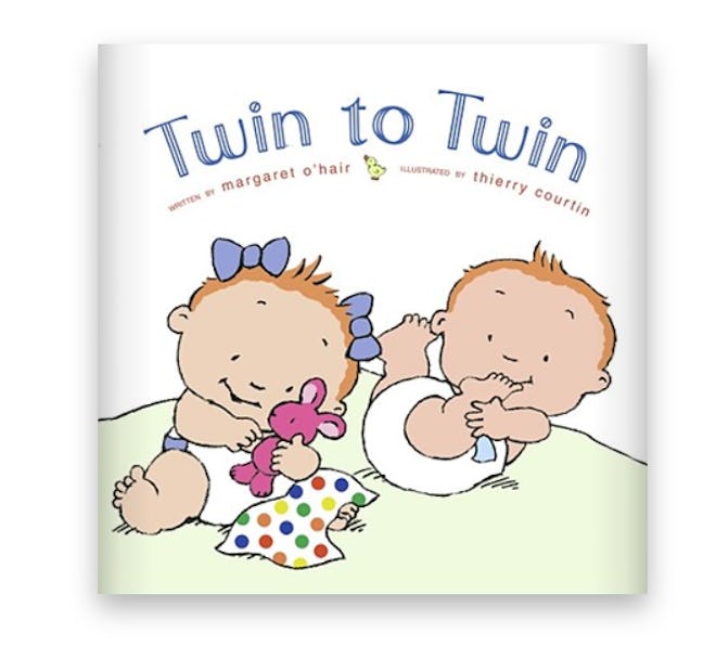 Illustrated book cover; twin babies (one boy one girl) playing on the floor together