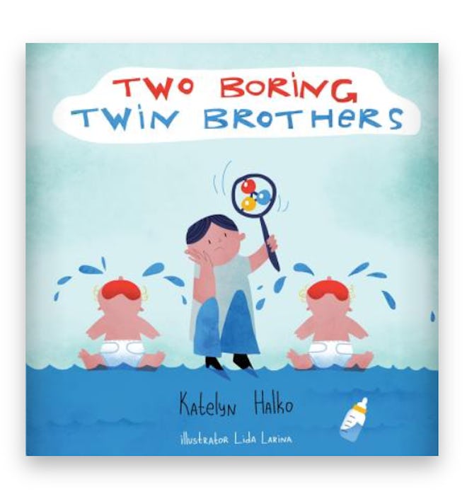 Illustrated book cover; boy holding a rattle, standing between two crying babies