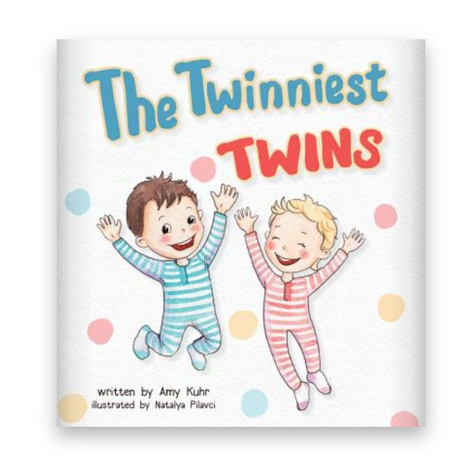 Illustrated book cover; two twin boys in footie pajamas jumping up and down