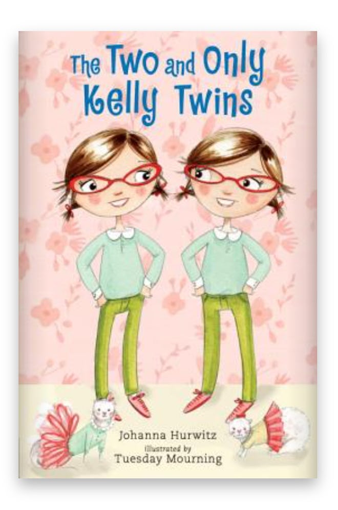 Illustrated book cover; two twin girls in glasses standing next to each other, looking at the other,...