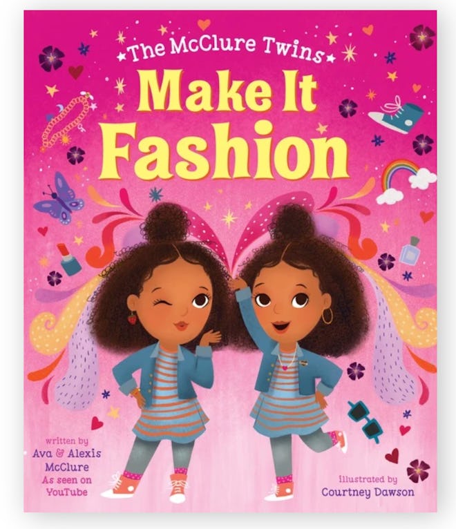 Illustrated book cover; twin sisters posing, wearing fashionable outfits 