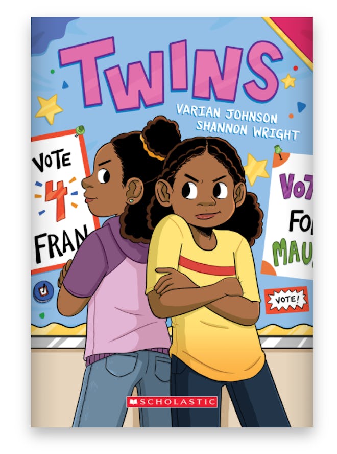 Illustrated book cover; twin sisters with their backs to each other and arms crossed