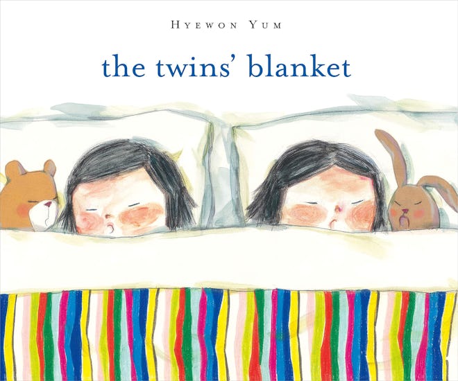 Illustrated book cover; two twins sleeping in bed, sharing blanket