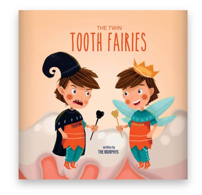 Illustrated book cover; two tooth fairies in different outfits, who are also twins