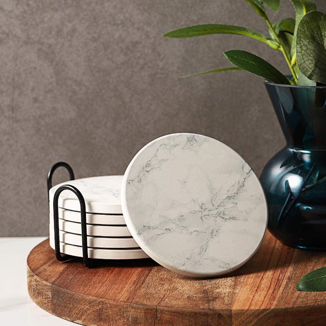 LIFVER White Marble Coasters with Holder (Set of 6)