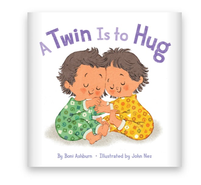 Illustrated book cover; two toddler twins hugging