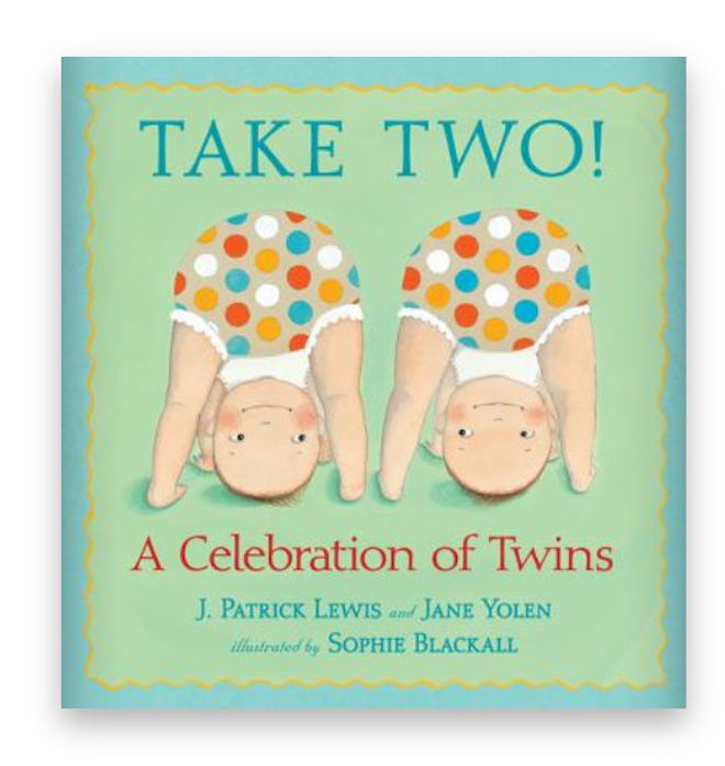 Illustrated book cover; two twin babies with their diapers in the air and faces peeking through thei...