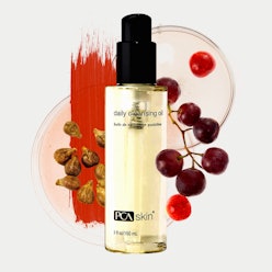 A collage of the lightweight antioxidant oil Daily Cleansing Oil by PCA Skin and grapes