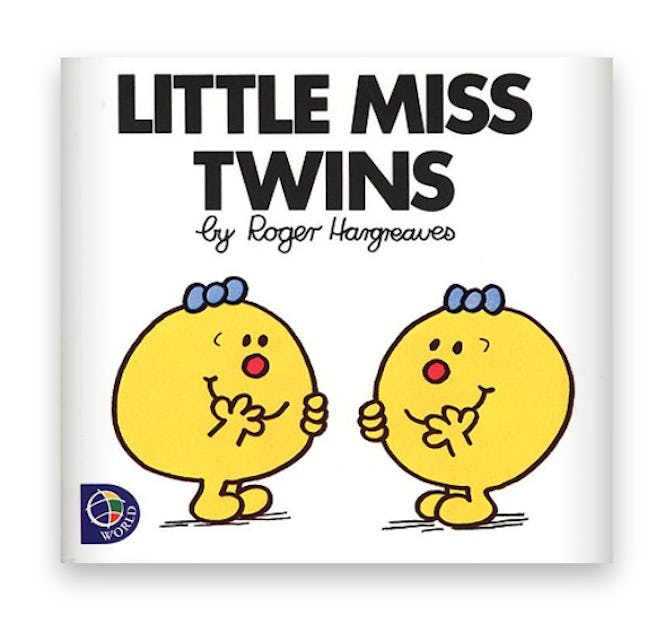 Illustrated book cover; two happy faces (with legs and arms) as twins laughing with each other
