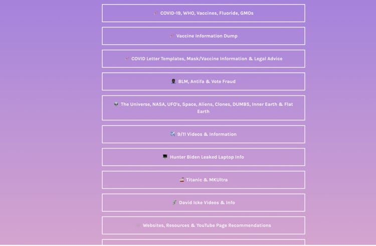 Linktree page with conspiracy theory and antivax links