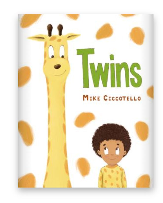 Illustrated book cover; giraffe from the neck up, standing next to little boy, both looking at each ...
